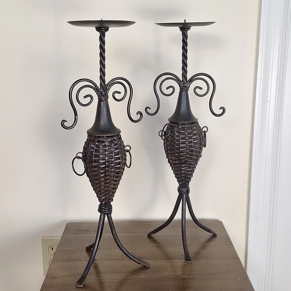 Wrought Iron And Brown Wicker Candle Holders Set Of 2